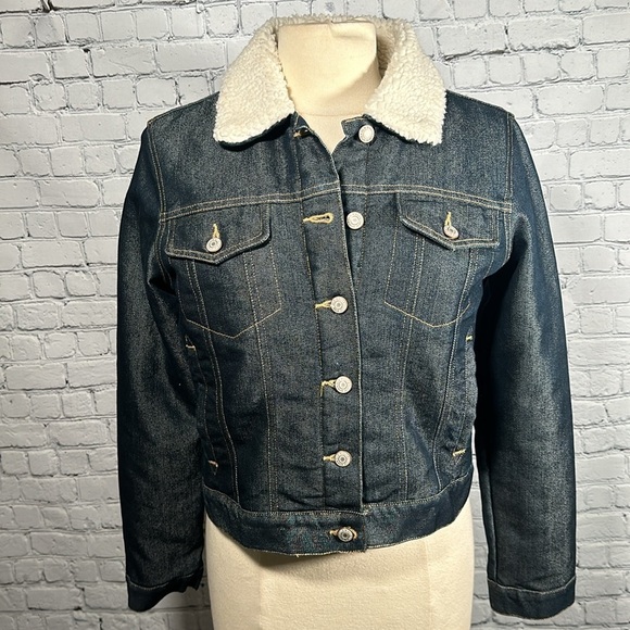 Old Navy Sherpa Lined Jean Denim Trucker Jacket Y2K Vintage Warm Cozy Sz M NWOT - Picture 2 of 16